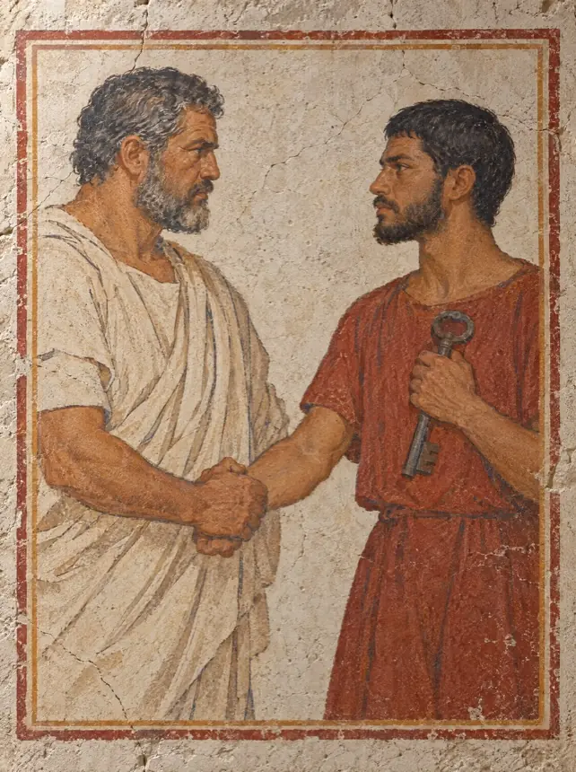 Fresco de dos hombres frente a frente: el mayor, con toga clara, estrecha el antebrazo del joven, que sostiene una llave de hierro.