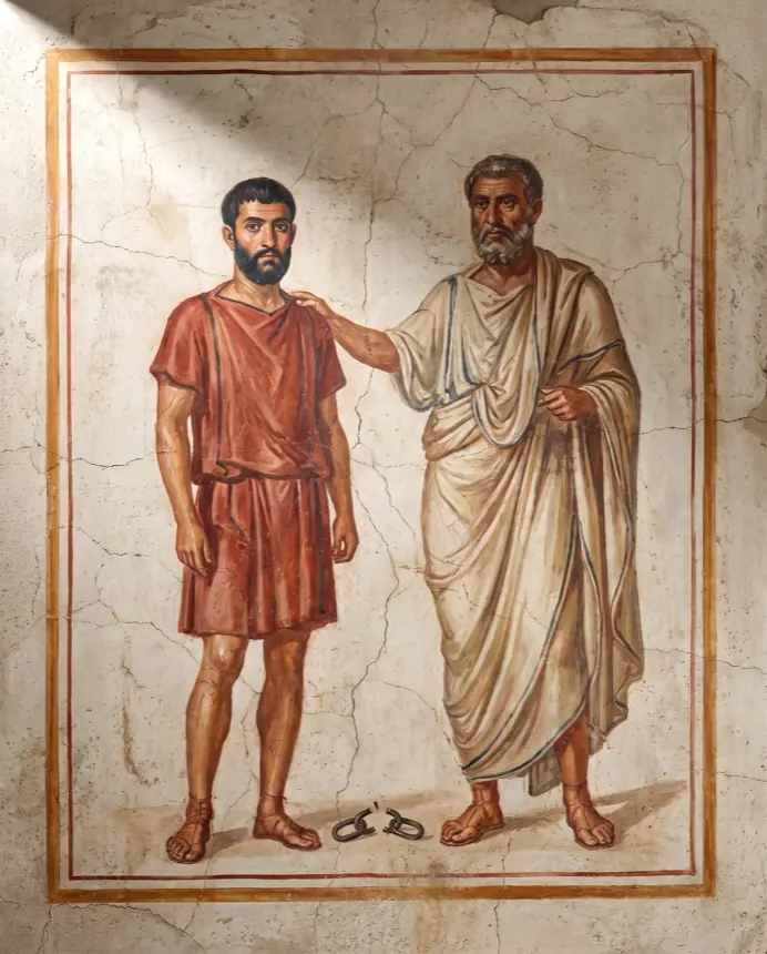 Fresco del rito: el patrono, con toga clara, pone la mano en el hombro del liberto, que viste túnica roja, con el grillete abierto en el suelo.